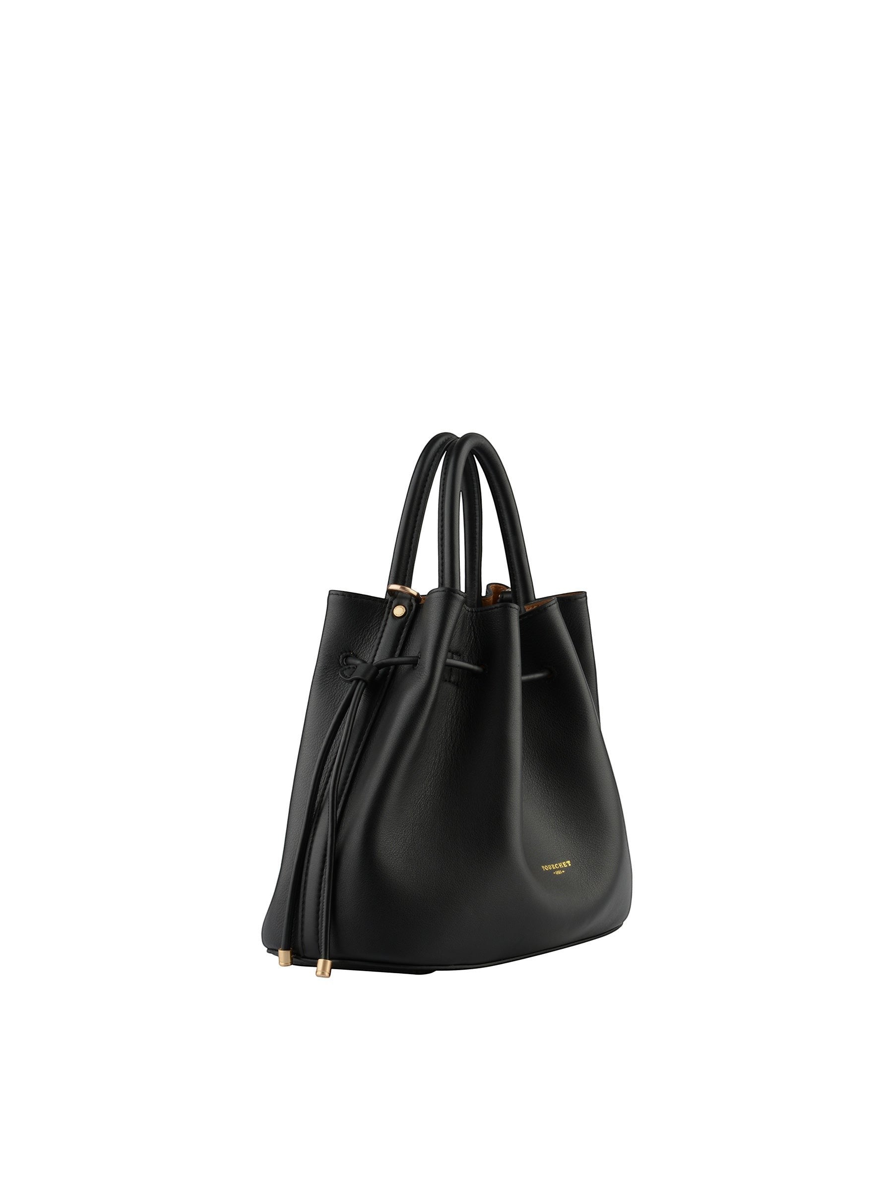 A three-quarter view of the black pebbled leather Pourchet bag, highlighting the top handles and gold-tipped drawstring closure.