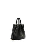 A three-quarter view of the black pebbled leather Pourchet bag, highlighting the top handles and gold-tipped drawstring closure.