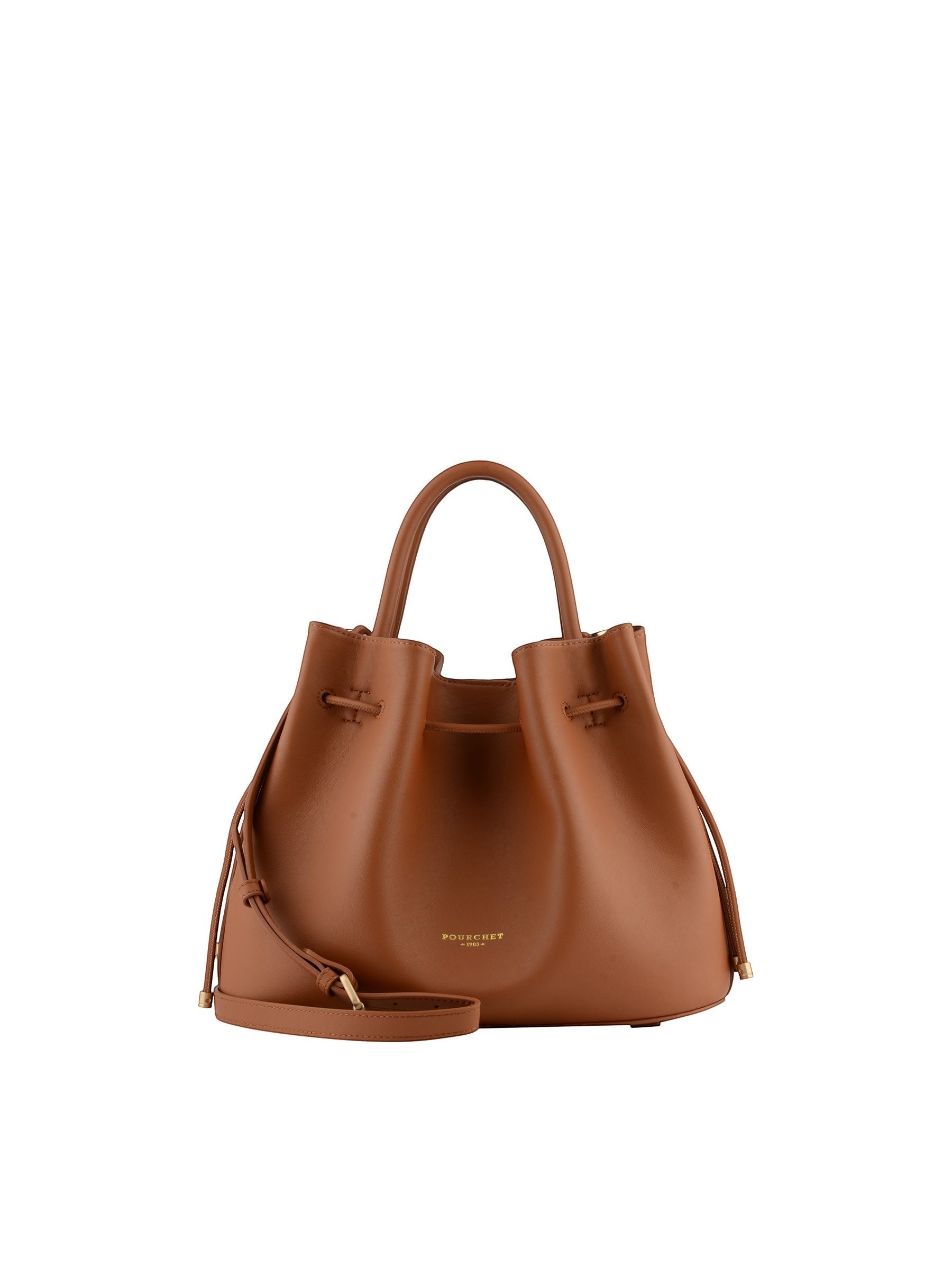 Frontal perspective of the Pourchet camel bag including the adjustable shoulder strap and gold-embossed brand signature.