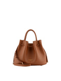 Frontal perspective of the Pourchet camel bag including the adjustable shoulder strap and gold-embossed brand signature.