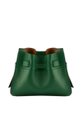 The back of the Pourchet emerald green pebbled leather bag, highlighting the structured "blossom" silhouette and smooth leather trim detailing.