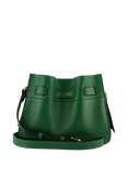 Front view of the Pourchet Blossom bucket bag in emerald green, showing the adjustable shoulder strap and the gold embossed brand logo on the front.