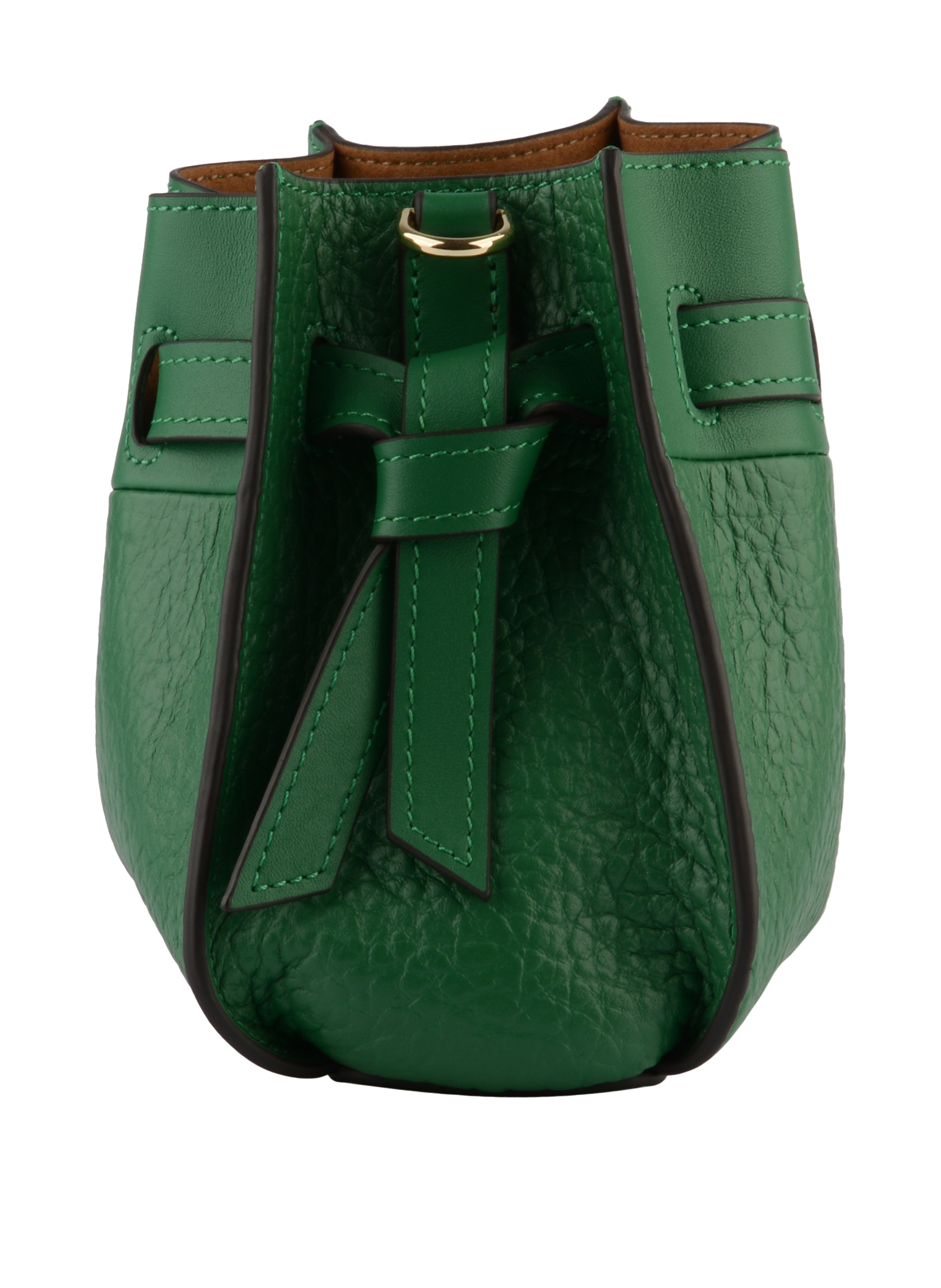 Side view of the Pourchet Blossom bag in emerald green pebbled leather, featuring a decorative knotted leather tie and a gold-toned D-ring attachment.