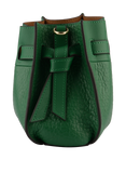 Side view of the Pourchet Blossom bag in emerald green pebbled leather, featuring a decorative knotted leather tie and a gold-toned D-ring attachment.