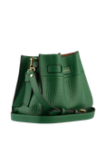 Side view of the Pourchet Blossom bag in emerald green pebbled leather, featuring a decorative knotted leather tie and a gold-toned D-ring attachment.