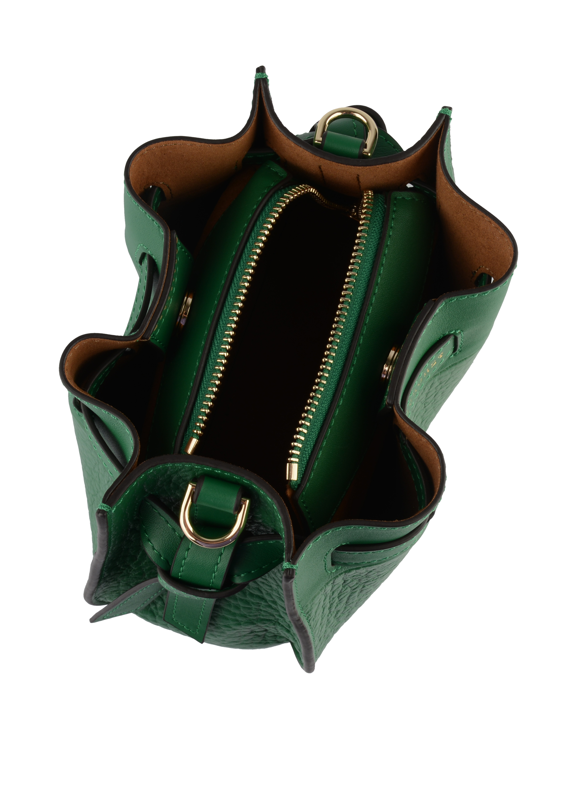 Top-down view into the Pourchet emerald green bag, showing a tan suede-like lining and a central green leather zippered compartment for security.