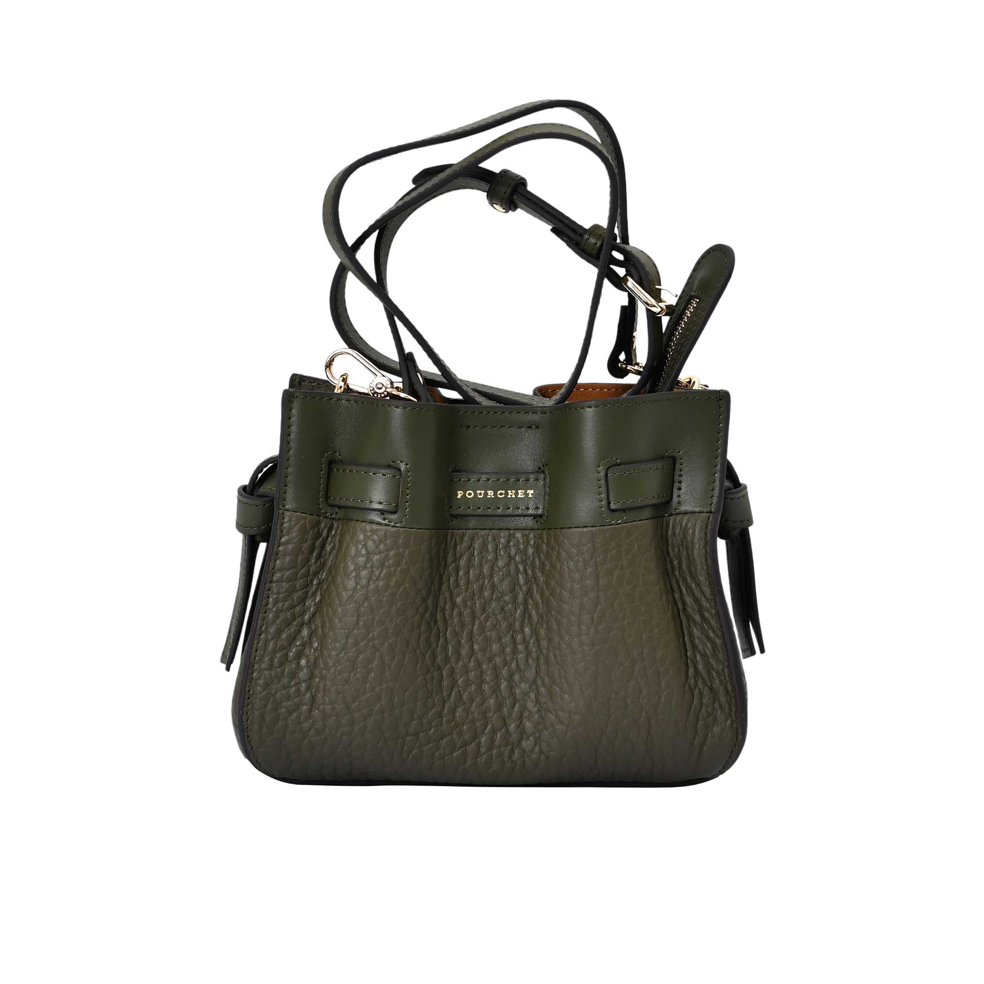Front view of the Pourchet Blossom bucket bag, showing the adjustable shoulder strap and the gold embossed brand logo on the front