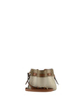 Front view of the Pourchet Blossom bucket bag, showing the adjustable shoulder strap and the gold embossed brand logo on the front.