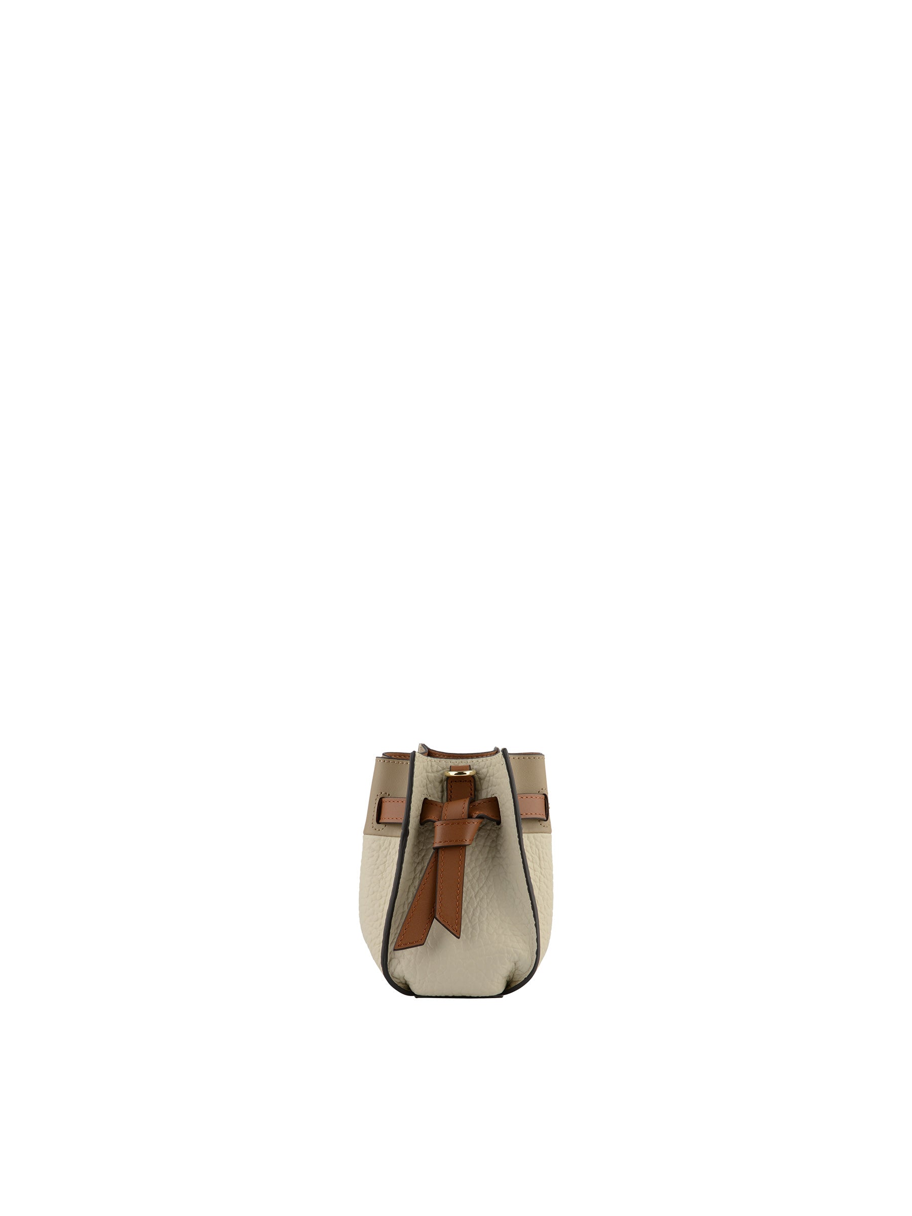 Side view of the Pourchet Blossom bag pebbled leather, featuring a decorative knotted leather tie and a gold-toned D-ring attachment.
