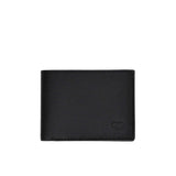 Close-up of Prestige black textured leather wallet showing the embossed logo.