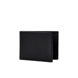 Perspective view of the slim-profile Prestige black leather bi-fold wallet.