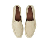 A top-down view of the textured, light beige rubber sole of a Prestige loafer. The outsole features an intricate, non-slip geometric tread pattern with a central rectangle displaying the embossed brand name "PRESTIGE" and "MADE IN ITALY".