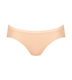 Product-only front view of the Sloggi Body Adapt Twist hipster panty in powder orange, showcasing the mesh waistband and seamless laser-cut edges. Available Online