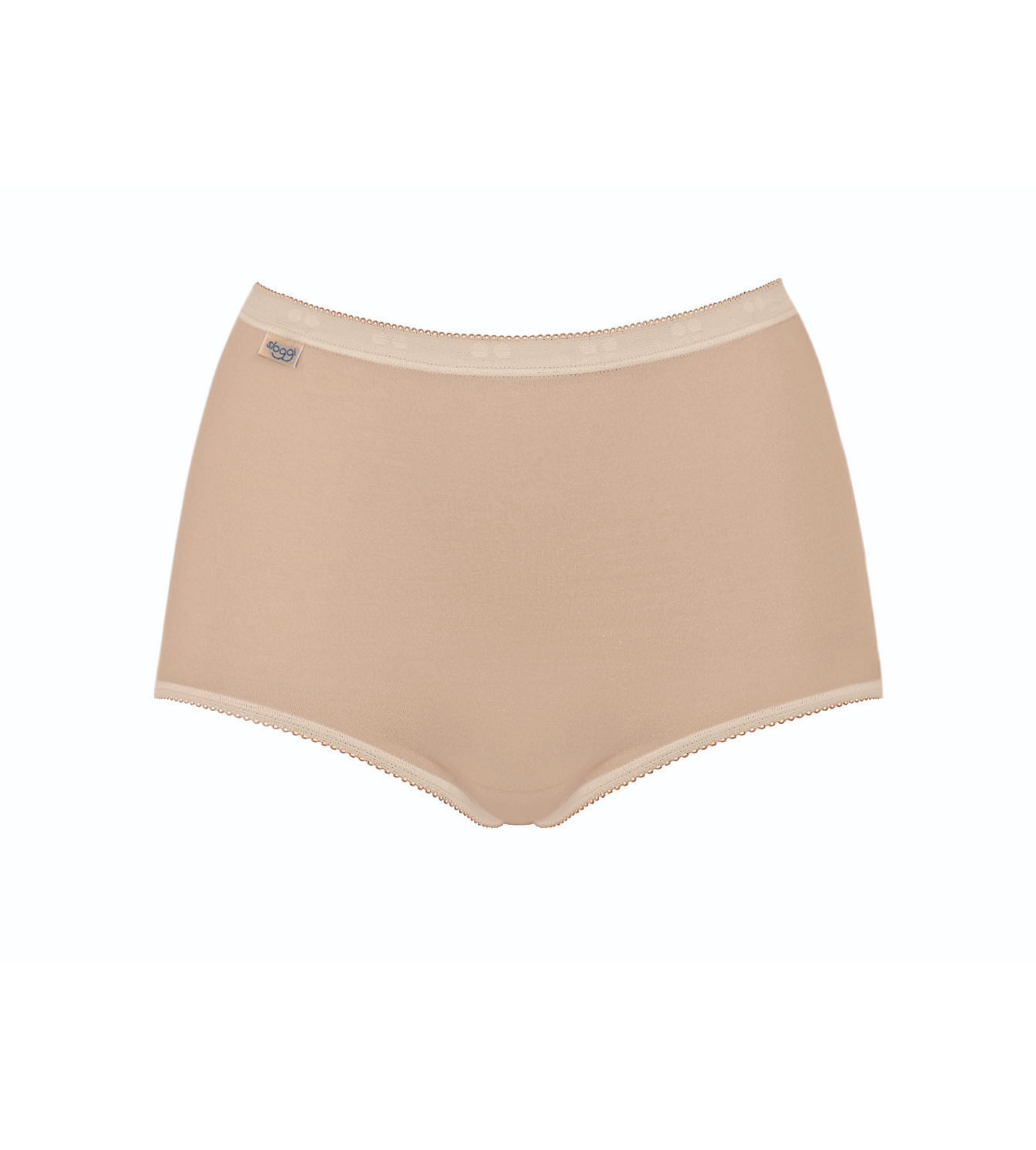 Product-only view of model wearing the Sloggi Basic+ beige maxi panties, showcasing the high-waisted silhouette and soft cotton texture. Shop Now Online