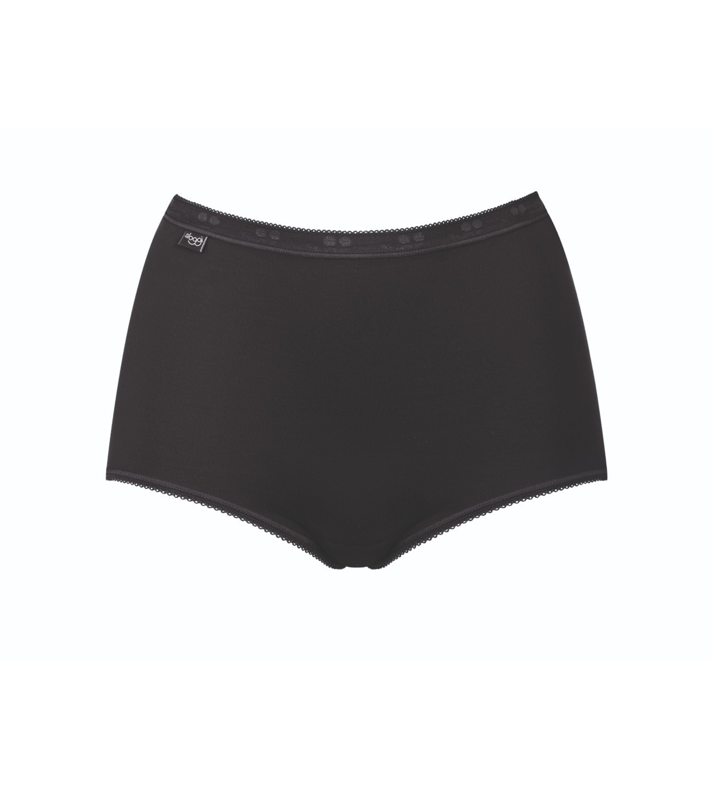 Product-only view of model wearing the Sloggi Basic+ black maxi panties, showing the full-coverage cut and soft cotton texture. Available Online Today