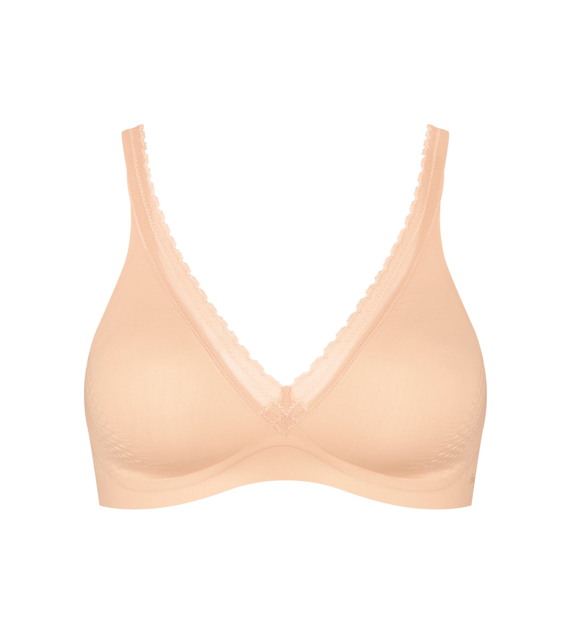 Product-only view of the Sloggi Body Adapt Twist T-shirt bra in powder orange, showing the smooth cups and mesh wing detailing. Shop Now Online