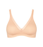 Product-only view of the Sloggi Body Adapt Twist T-shirt bra in powder orange, showing the smooth cups and mesh wing detailing. Shop Now Online
