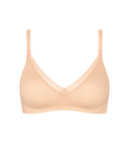 Product-only view of the Sloggi Body Adapt Twist soft bra in powder orange, highlighting the mesh neckline and wire-free construction. Find Now Online