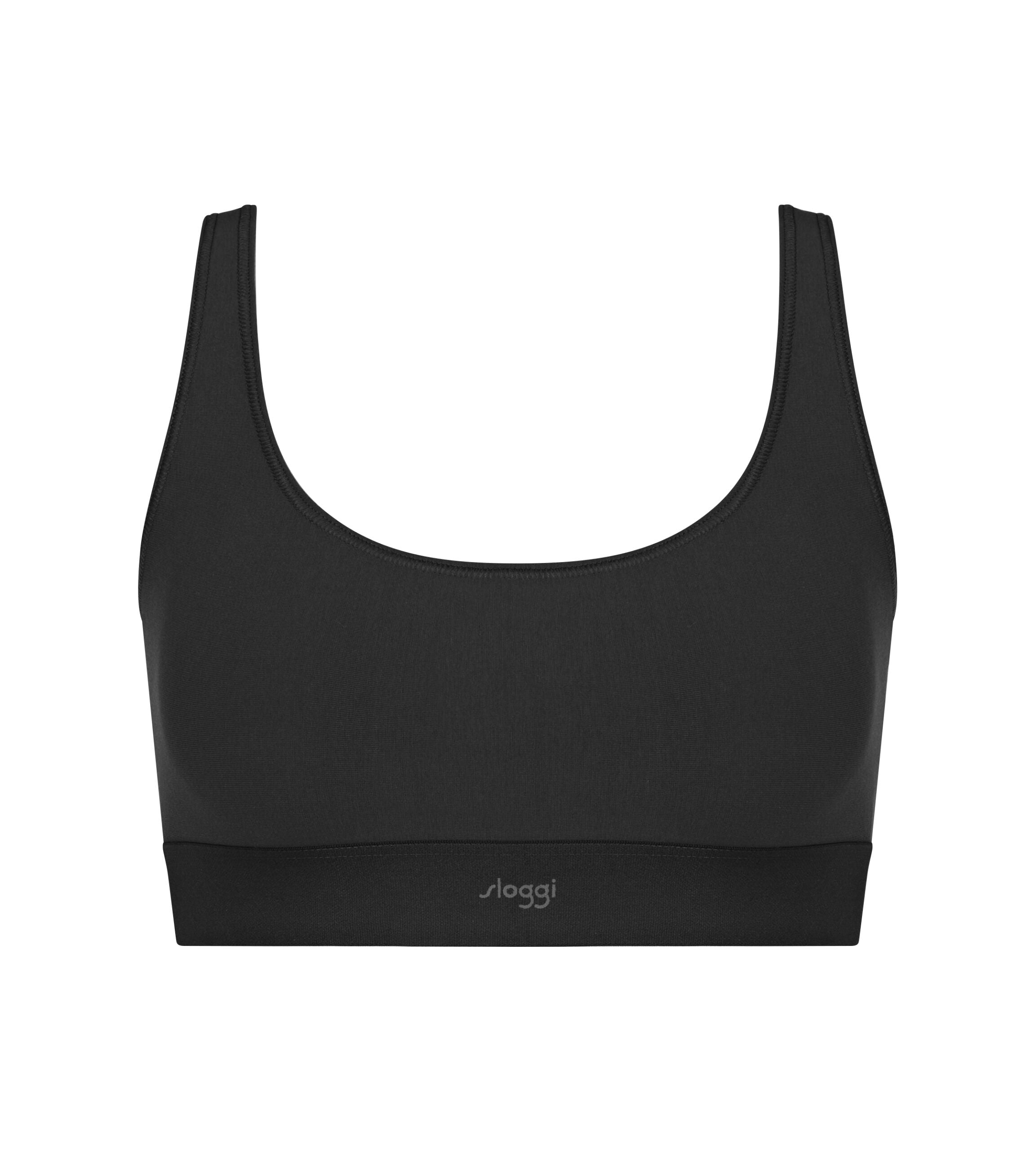 Product-only view of the Sloggi Ever Ease black bra top, showing the wide shoulder straps and seamless, wire-free design. Available Now Online