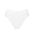 Product-only view of the Sloggi Ever Ease white Tai panty, highlighting the flattering high-cut leg and crisp white fabric. Shop Online Today
