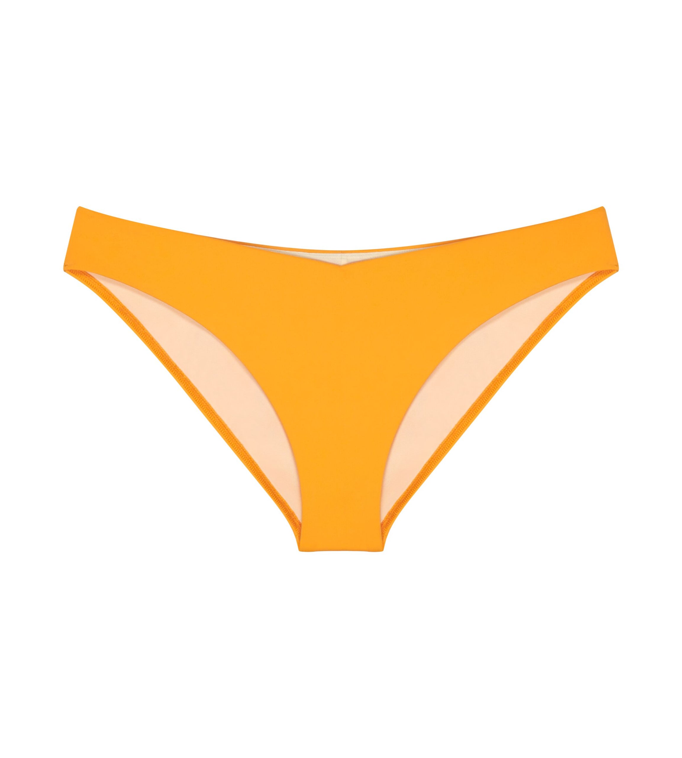 Product-only view of the Triumph Flex Smart Summer saffron yellow Brazilian bikini bottoms, highlighting the high-leg cut and seamless edges. Available Online