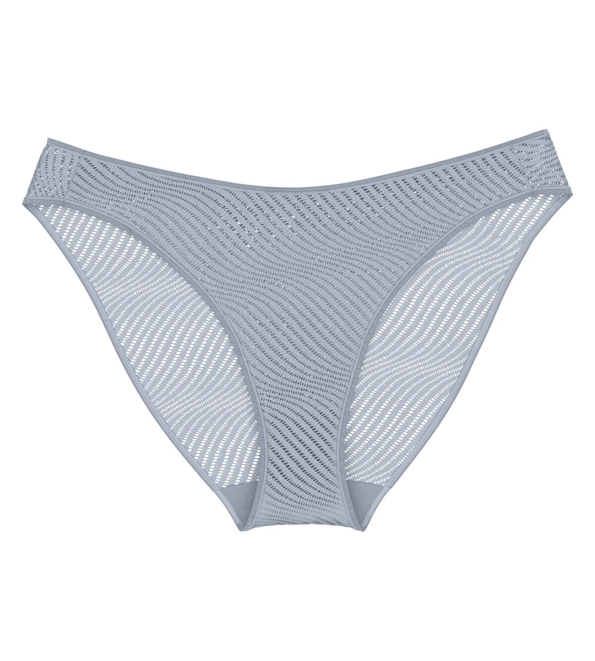 Product-only view of the Triumph Harmony Spotlight dusty blue Tai panty, showcasing the sheer floral lace and elongating leg cut. Available Online Today