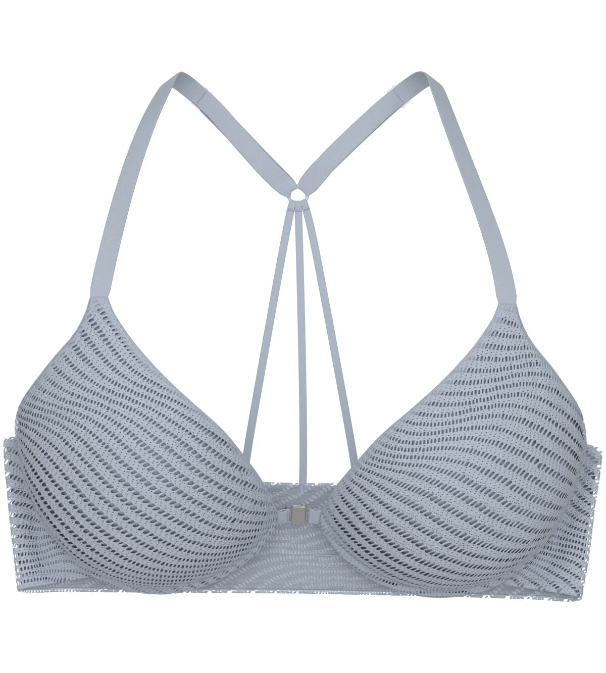 Product-only view of the Triumph Harmony Spotlight dusty blue push-up bra, highlighting the graphic lace and the convenient front-fastening detail. Order Now Online