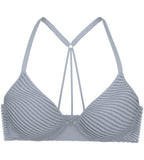 Product-only view of the Triumph Harmony Spotlight dusty blue push-up bra, highlighting the graphic lace and the convenient front-fastening detail. Order Now Online