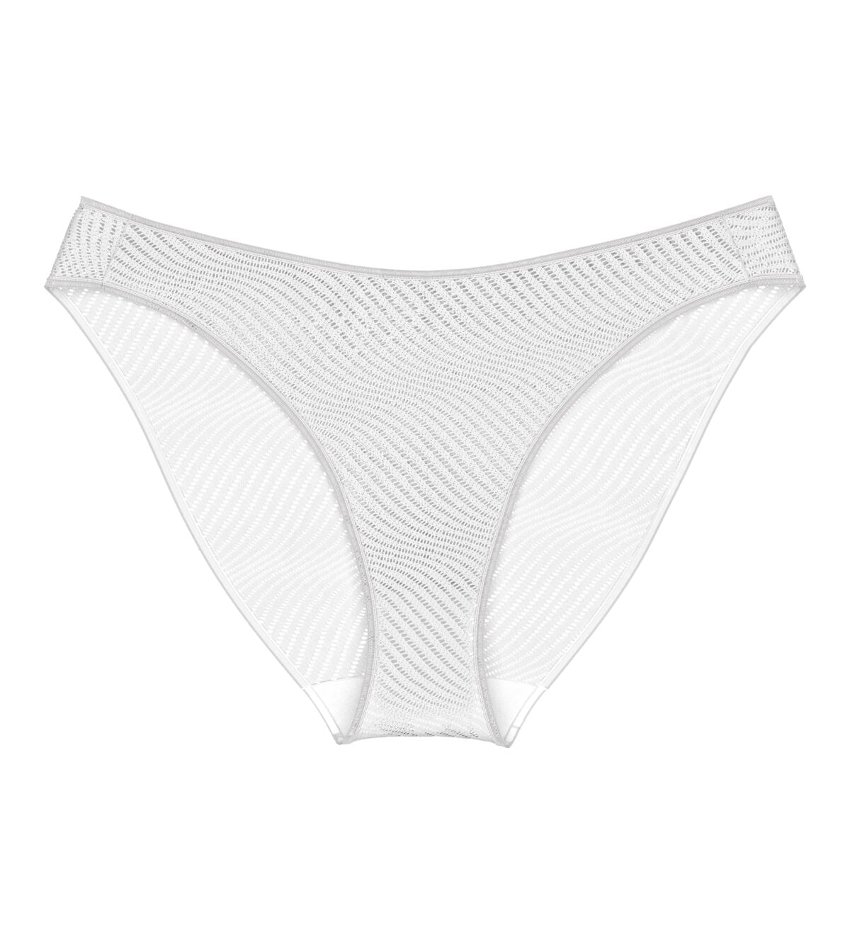 Product-only view of the Triumph Harmony Spotlight white Tai panty, showcasing the intricate graphic lace and flattering high-leg silhouette. Available Now Online