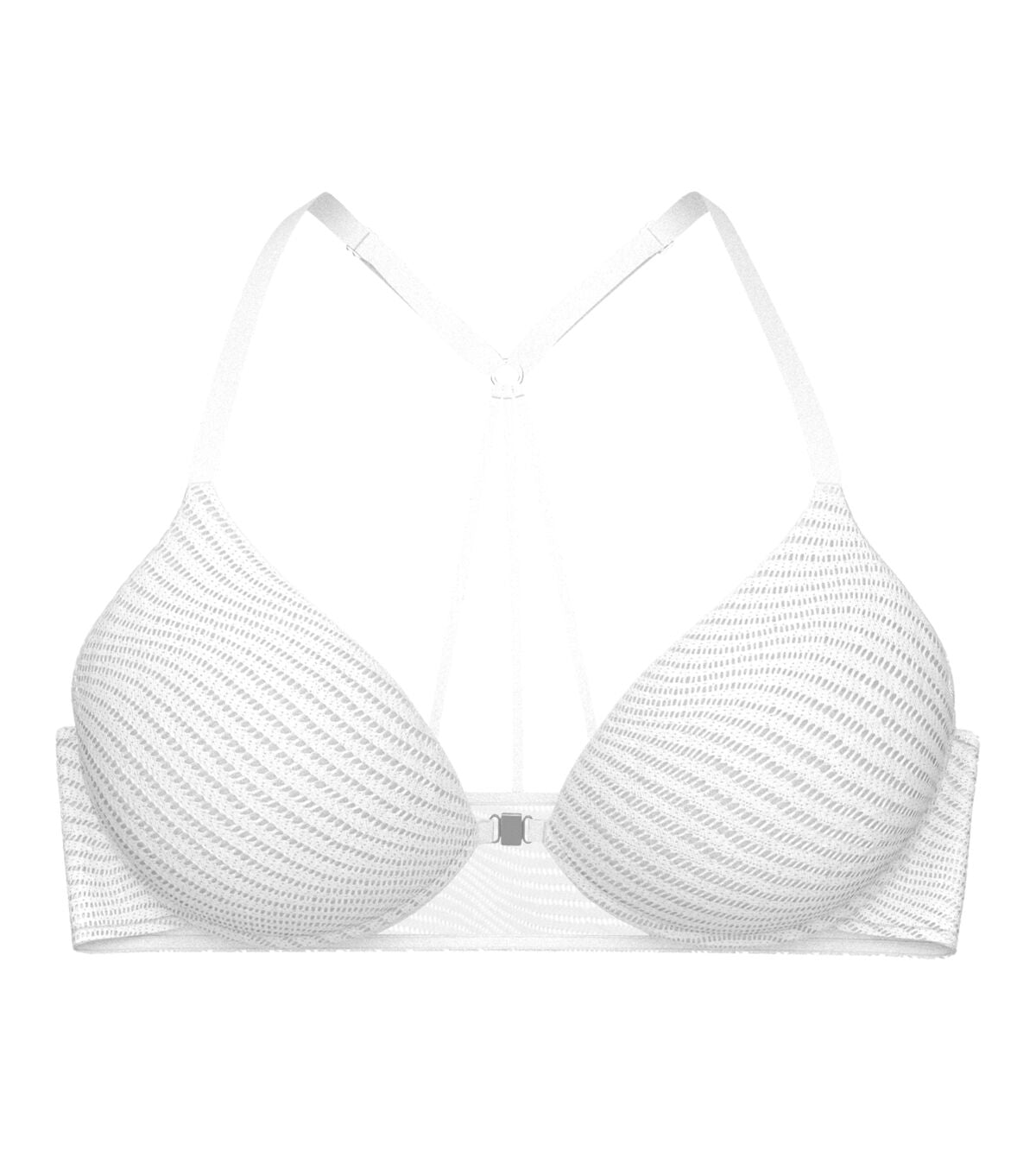 Product-only view of the Triumph Harmony Spotlight white push-up bra, showing the intricate graphic lace and the front-opening clasp. Shop Online Today