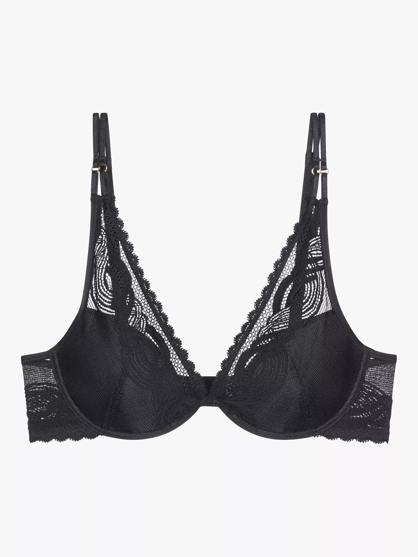 Product-only view of the Triumph Hypnotic Spotlight black plunge bra, showing the deep V-neckline and intricate geometric lace. Order Online Today
