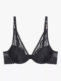 Product-only view of the Triumph Hypnotic Spotlight black plunge bra, showing the deep V-neckline and intricate geometric lace. Order Online Today