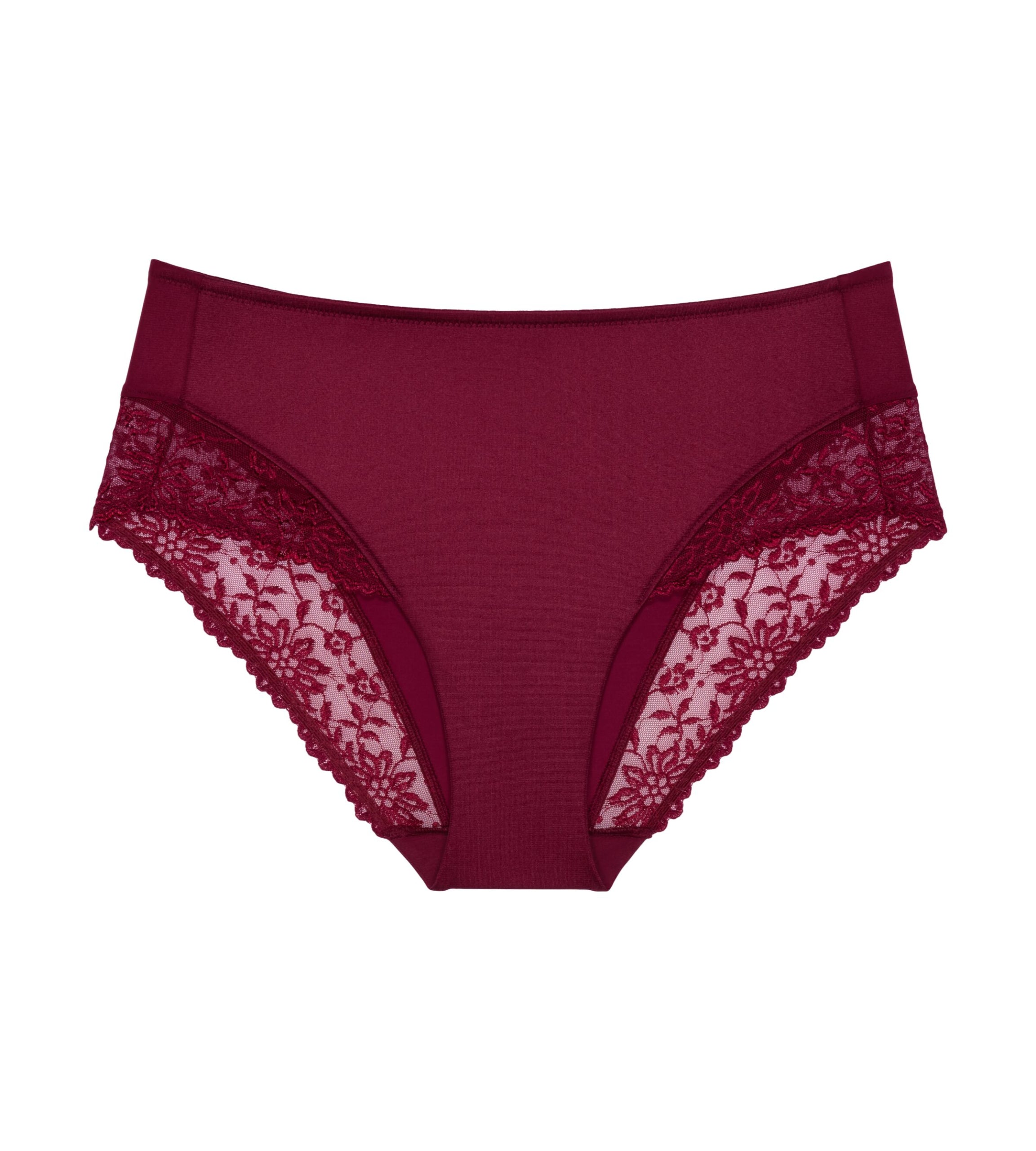Product-only view of the Triumph Ladyform Soft red maxi panty, highlighting the high-waisted silhouette and decorative lace inserts. Available for Online Purchase