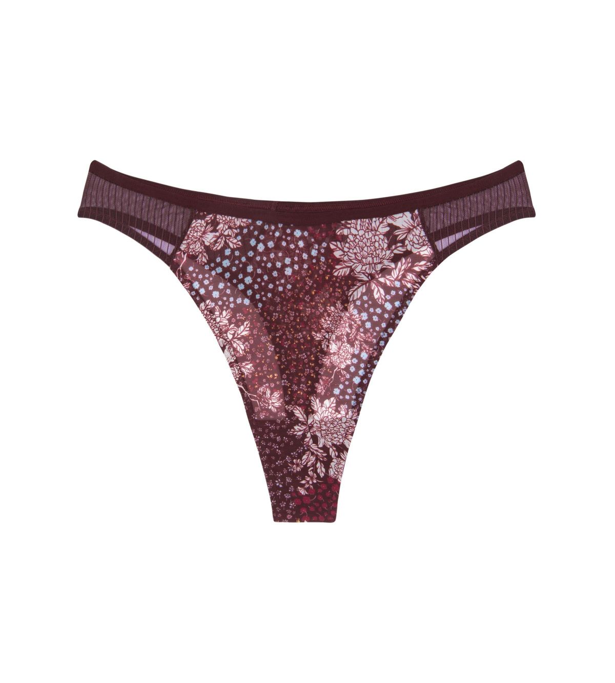 Product-only view of the Triumph Lavish Spotlight burgundy high waist thong, showcasing the intricate lace embroidery and sheer mesh details. Now Available Online