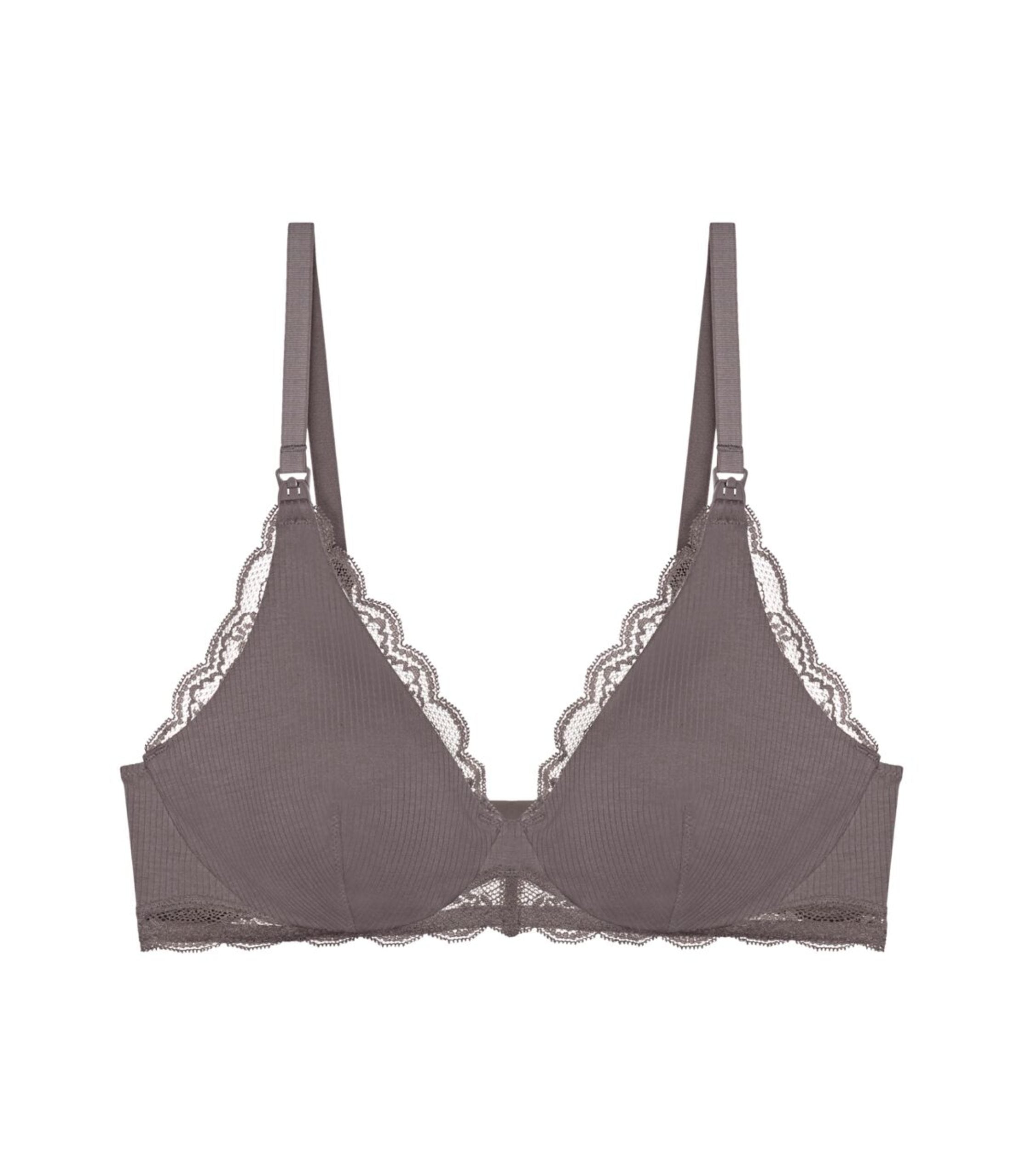 Product-only view of the Triumph Natural Spotlight grey maternity bra, showing the nursing clips and soft, eco-friendly fabric. Available Online Now