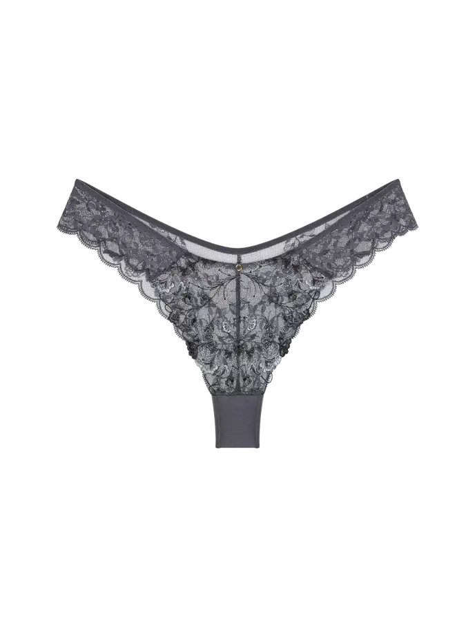 Product-only view of the Triumph Sensual Spotlight grey highleg Brazilian panty, showcasing the sheer mesh and high-cut lace detailing. Shop Online Today