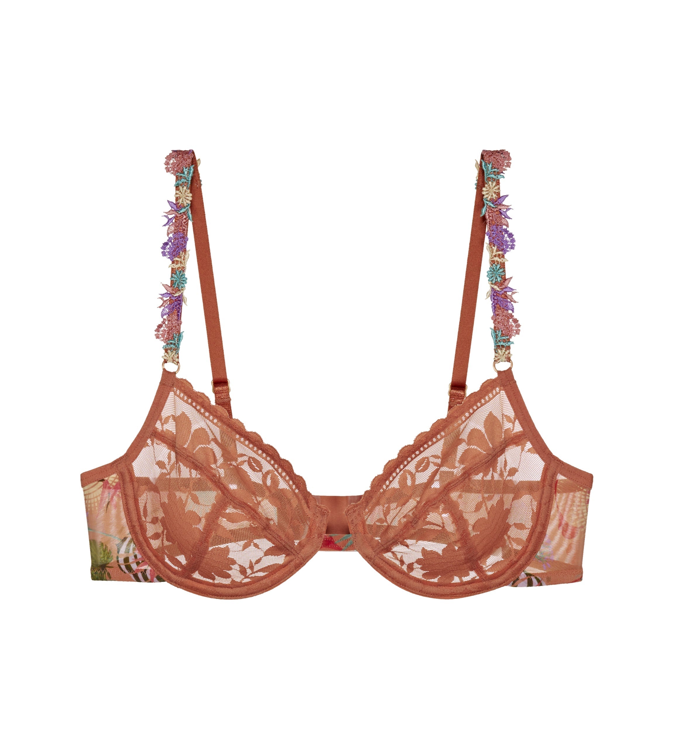 Product-only view of the Triumph Shadow Spotlight orange wired bra, showcasing the 3-section cups and decorative strap embroidery. Available Online 