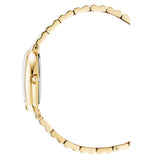 A side view of the watch accentuating its slim case architecture, fluidly integrated lug curve, gold-plated finish, and setting crown detailed with a textured ridge.