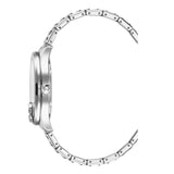 A crisp side-profile view of the Aigner watch, highlighting the sleek case thickness, the polished bezel edge, the branded crown, and the curved curvature of the stainless steel links.