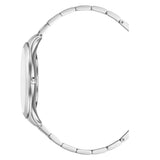 A crisp side-profile shot of the watch case and bracelet band, highlighting the sleek crown stamped with the Aigner logo, the contoured lugs, and the profile thickness of the links.