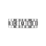 Side perspective shot of the silver steel Paolo ring, highlighting the detailed industrial knurled tracks and crisp polished step borders.