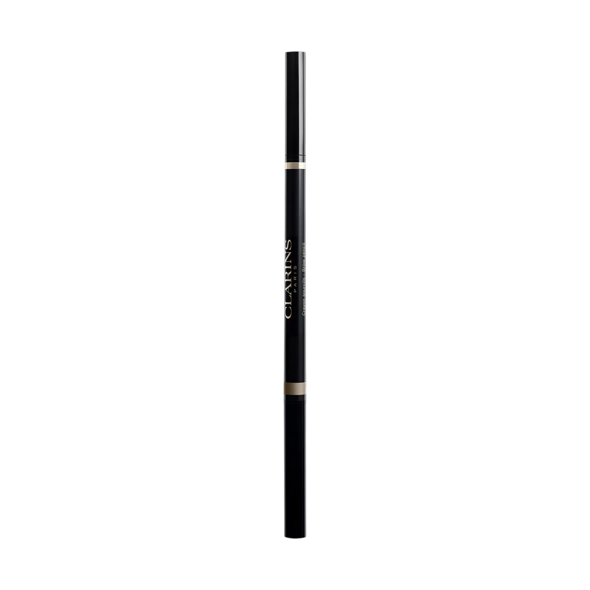 A dark brow pencil with gold-toned 'CLARINS PARIS' text and two gold-toned bands, indicating a light brown shade.