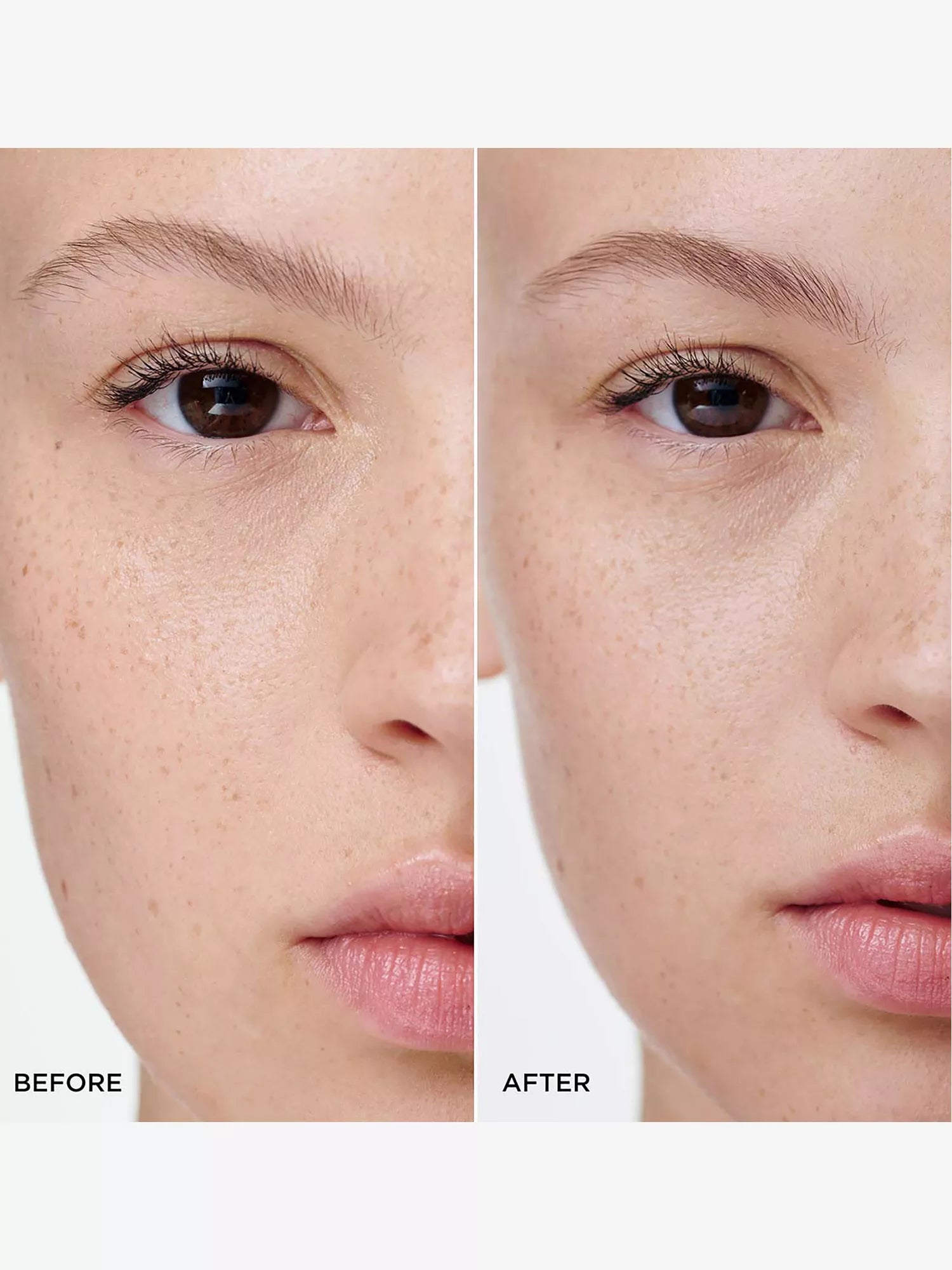 Defined dark eyelashes and subtly filled-in light brown eyebrows.