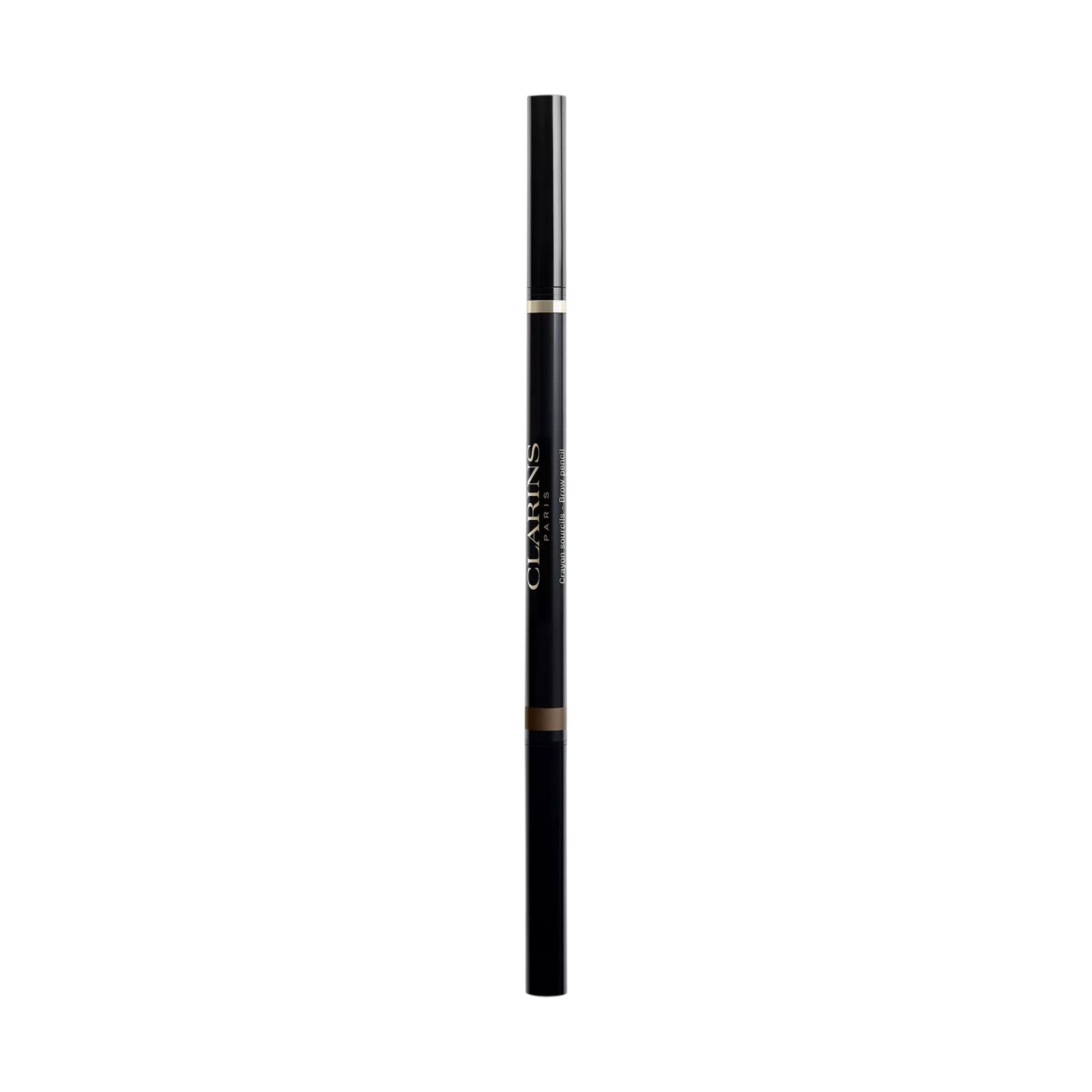 Dark Clarins brow pencil with a visible brown tip, a gold-toned band, and white text logo on the side.