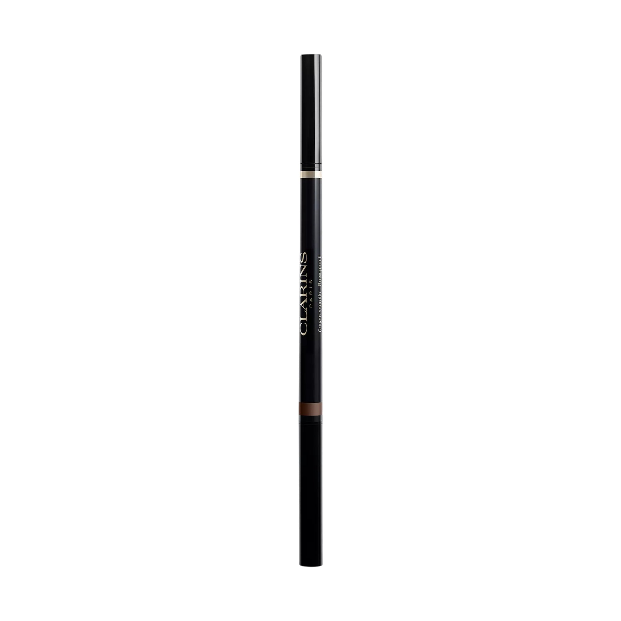 Dark brow pencil with a gold-toned band, white Clarins branding, and a visible medium brown tip.