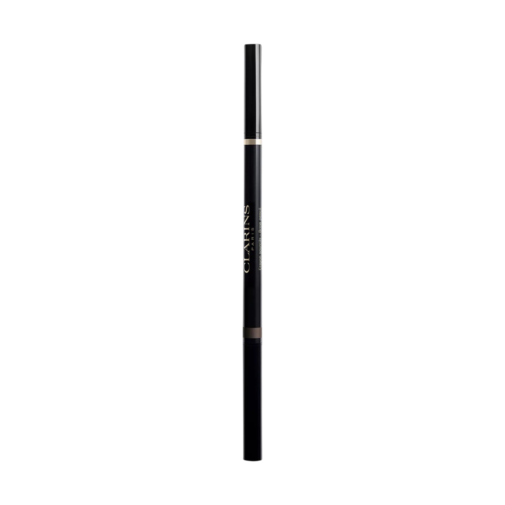 Dark cosmetic pencil with a dark brown tip, a gold-toned band, and white 'CLARINS PARIS' text.
