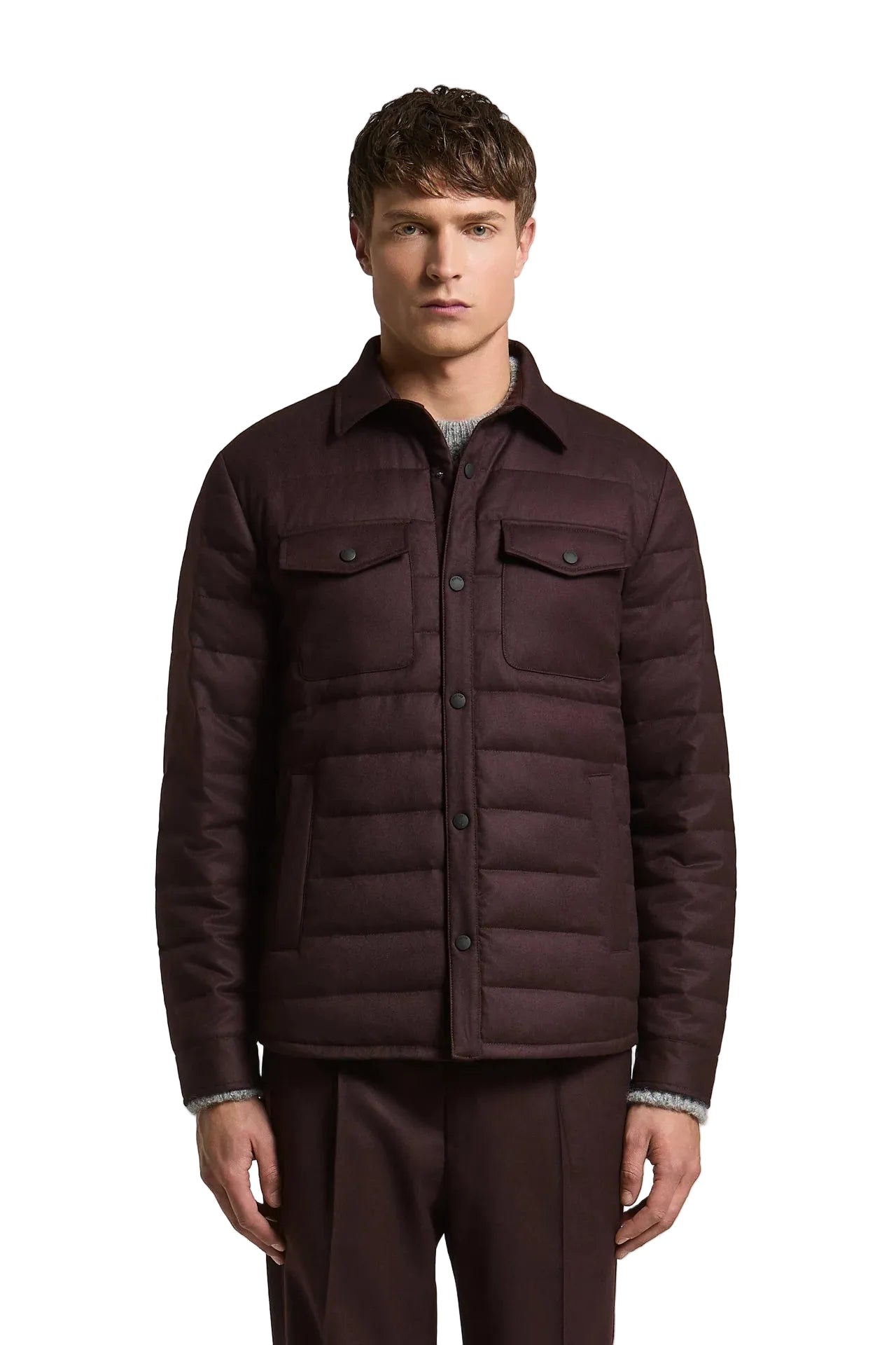 Burgundy red padded shirt jacket with a classic collar, button-front closure, two chest flap pockets, and two side pockets.