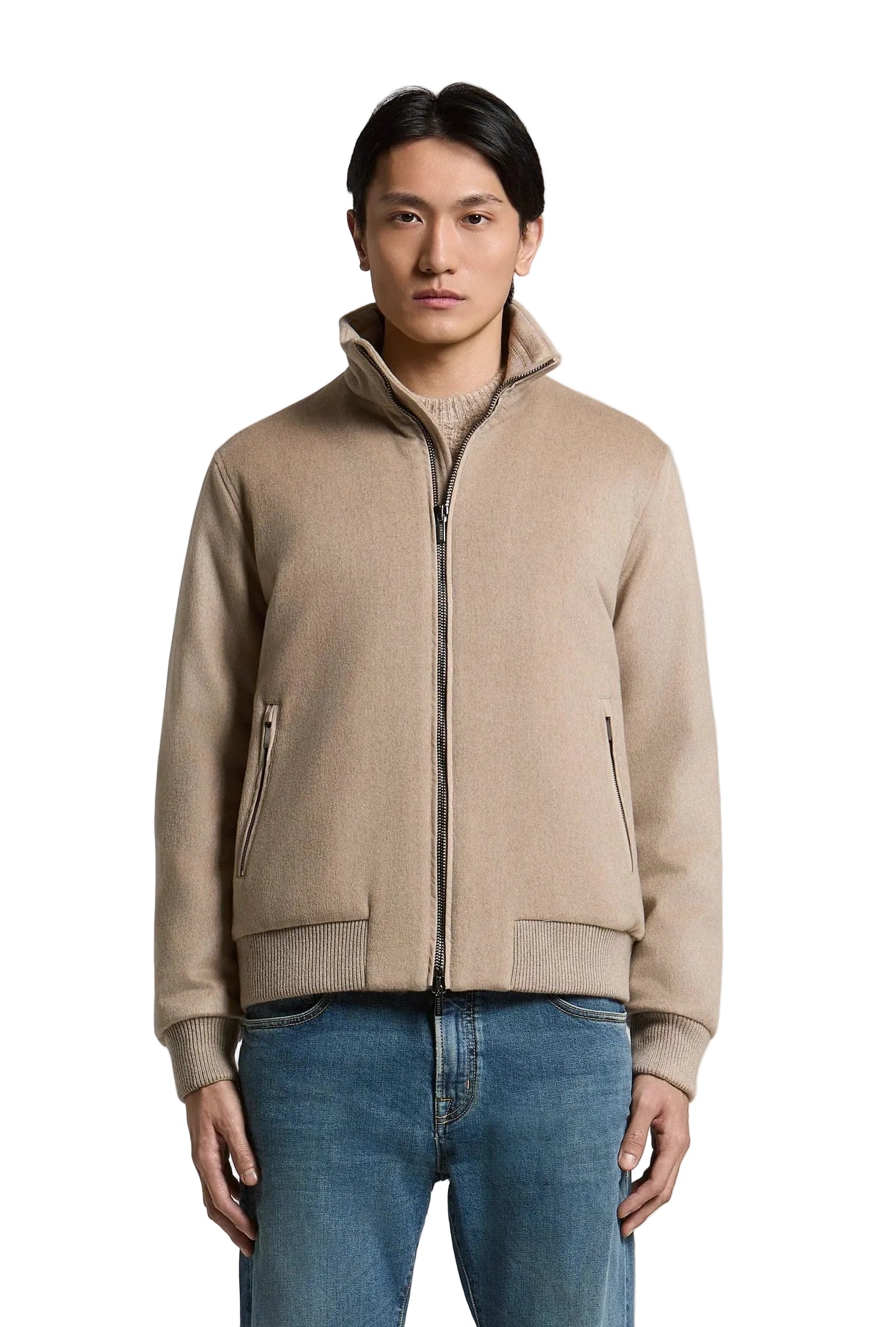 Earth beige men's bomber jacket with a ribbed stand collar, full dark-toned zip closure, and two vertical zip pockets.
