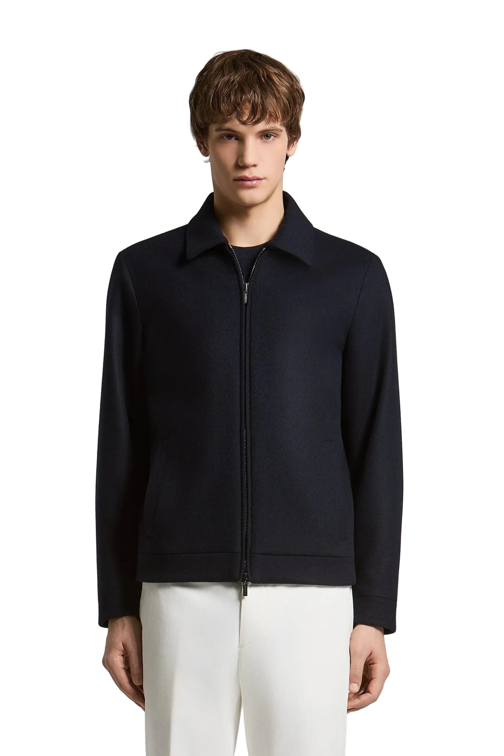 Dark blue collared zip-front jacket with long sleeves, two side welt pockets, and a banded hem.