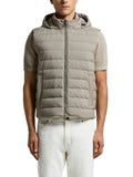 Men's light taupe water-repellent microfiber down vest with a hood, full-zip front, and horizontal quilting.